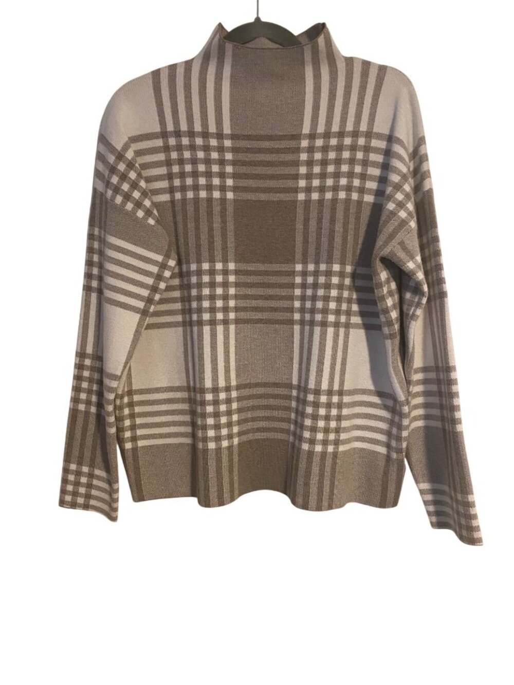 Max Studio Women XL Taupe White Plaid Mock Neck Sweater Soft Rayon Blend Office